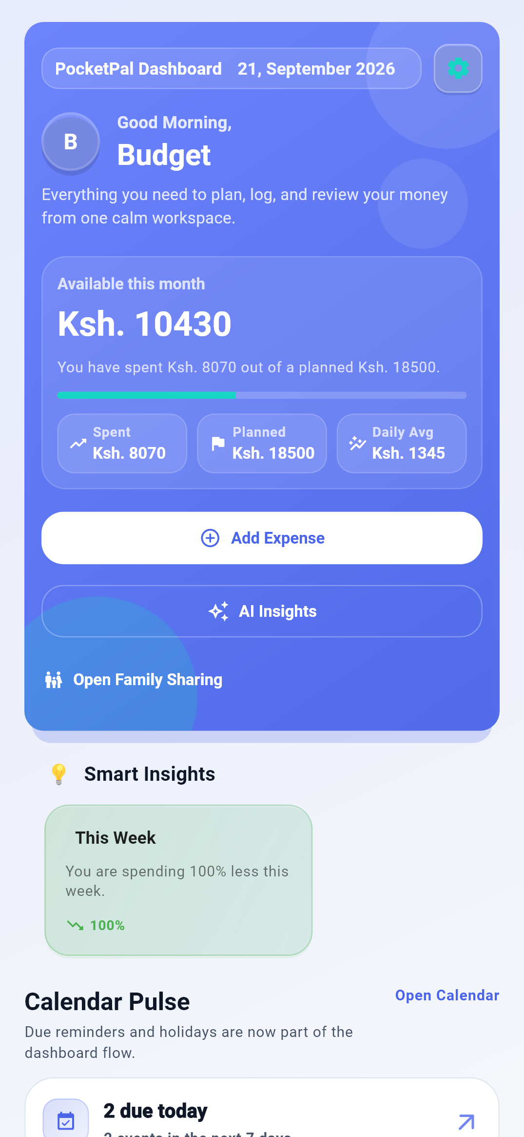 PocketPal Android dashboard with sample spending and budget data